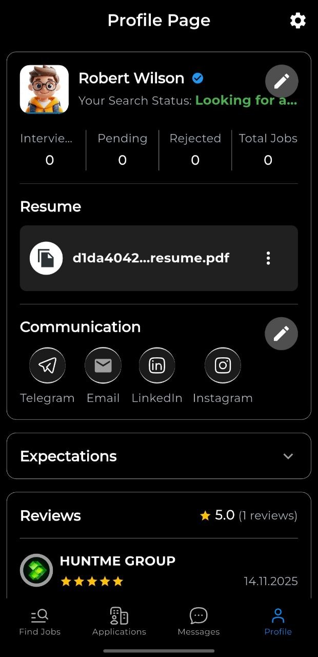 HuntME Jobs app — profile page